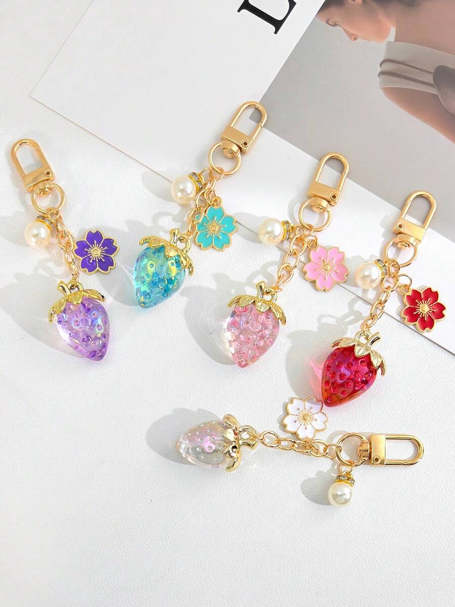 1pc Strawberry Charm Keychain, Glitter Keyring, Cute Gift, Valentine's Day Small Present - Multicolor - View 1
