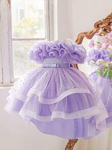 Young Girls' Sleeveless Sequin Pleated Satin & Mesh Elegant Trailing Formal Dress, Suitable For Important Occasions, Birthday Parties, Without Headband - Purple - View 6