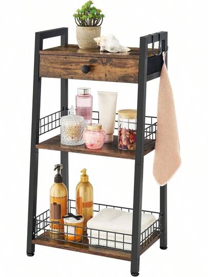 3-Tier Ladder Storage Shelf With Drawer, Freestanding Organizer For Bathroom, Living Room, Bedroom & Small Spaces, Rustic Brown
