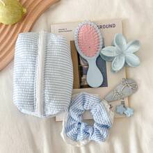 Striped Pattern Fluffy Soft Women's Cosmetic Bag, Zipper Travel Makeup Bag, Cute Plaid Toiletry Bag, Back To School Supplies - 彩色 - 查看 5