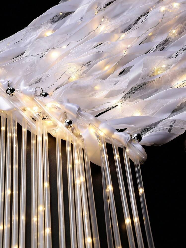 3pcs/Set Wedding Ribbon Glow Stick With Bell LED Fairy Wand, Luminous Lace Wand For Wedding, Birthday Party, Graduation Ceremony, New Year Party, Concert (Warm White) - A - View 3
