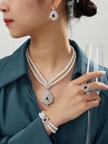 Bộ trang sức ngọc trai thủy tinh đính đá Zirconia gồm dây chuyền, vòng tay, bông tai và nhẫn, quà tặng cho nữ, cô dâu, ngày Valentine. - Ngọc trai - Xem 4