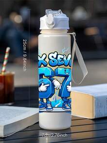 1pc 67 Lightning Graphic Plastic Water Bottle, Cute Print Design, 800ml/27oz Cartoon Solid Color Sports Water Bottle With Straw, Portable Handle, Durable Material, Perfect Birthday Or Valentine's Day Gift - Multicolor - View 7