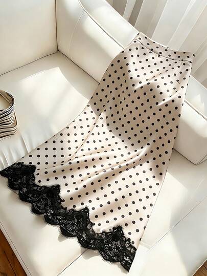 Chân váy nữ chấm bi dáng ôm, viền ren, chất liệu polyester không co giãn, kiểu dáng thường ngày, họa tiết chấm bi, trang phục mùa xuân, trang phục dự tiệc.