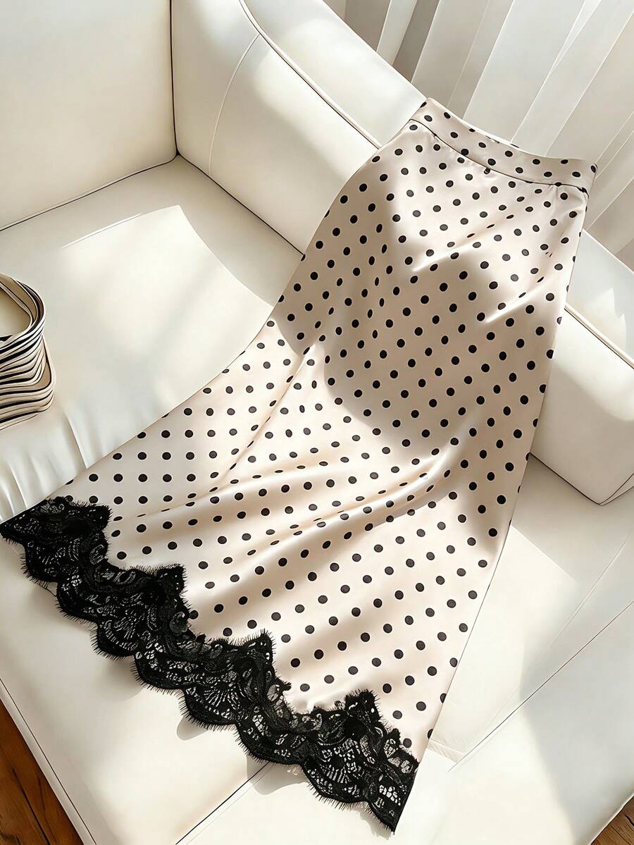 Chân váy nữ chấm bi dáng ôm, viền ren, chất liệu polyester không co giãn, kiểu dáng thường ngày, họa tiết chấm bi, trang phục mùa xuân, trang phục dự tiệc. - Màu be - Xem 1