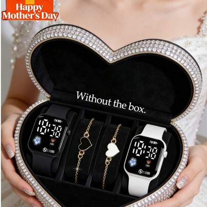 4件套新款时尚简约可爱女士数字显示小巧实惠电子手表套装，配心形手链，适合派对、旅行佩戴，也是母亲节、开学季、节假日的绝佳礼物。