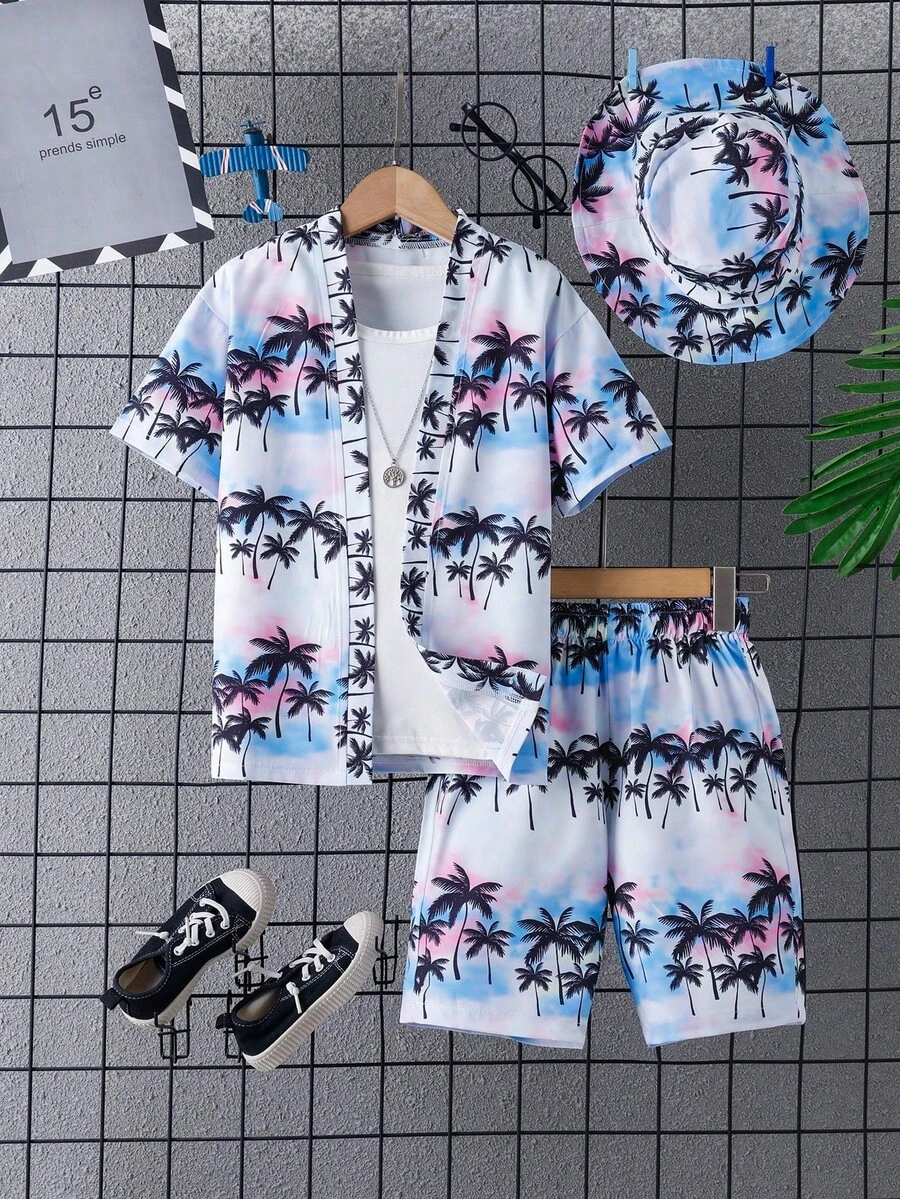 3件套男童夏季椰树沙滩印花休闲套装(含帽子) - 淺藍色 - 查看 1