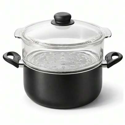 BAKAJI Casseruola con Vaporiera in Vetro da 20 cm con Pentola in Alluminio Resistente e Antiaderente, Inserto Forato in Vetro Sovrapponibile, Pentola con Corpo Anti Graffio e Maniglie Ergonomiche