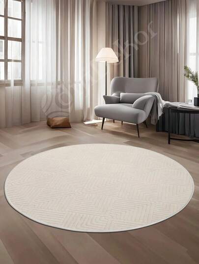 Modern rund bohomatta – texturerad geometrisk cirkelmatta med vita tofsfransar – tvättbar barnrums- och vardagsrumsinredning