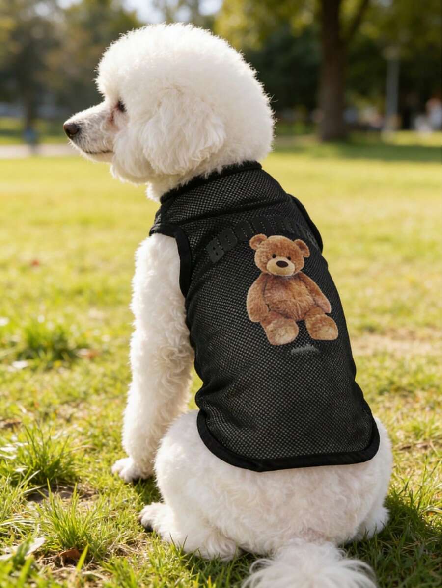 1件熊图案透气网眼宠物猫/狗夏季背心 - 黑色 - 查看 1