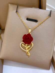 1 pieza Collar de flor de rosa de acero inoxidable, collar gargantilla de lujo con decoración de cristal completo y delicado Charm para mujeres, sin caja de regalo para el Día de San Valentín - collar - Ver 15