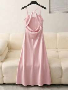 Đầm dạ hội đuôi cá dây mảnh màu trắng satin, đầm dự tiệc mùa hè lãng mạn tối giản với cổ khoét sâu, kiểu dáng thanh lịch, hở vai. - Hồng - Xem 3