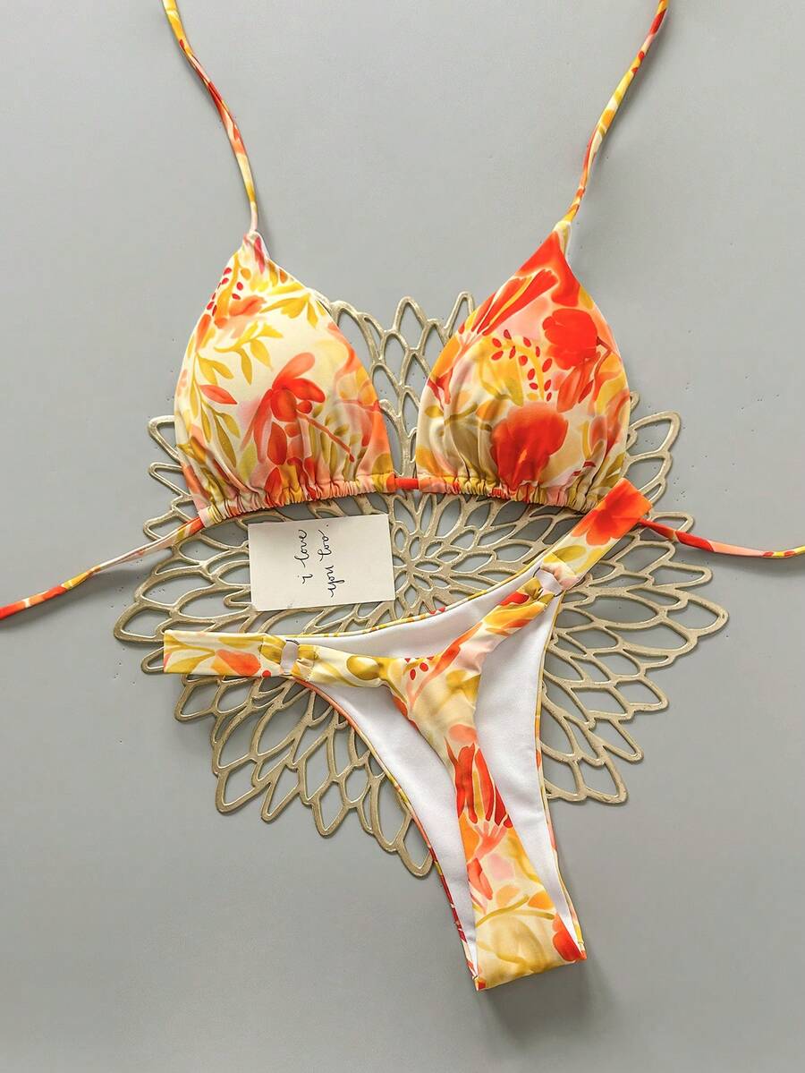 两件套休闲优雅性感波西米亚风印花系带编织比基尼泳衣，适合春夏海滩度假 - 橘色 - 查看 1