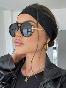 1副复古简约大框时尚眼镜，男女皆宜，街头风，适合户外、派对等场合，独特的椭圆形时尚装饰眼镜，女士时尚单品，适合夏季海滩度假、户外活动和旅行。 - 黑灰 - 查看 4
