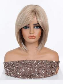 10英寸金根深色挑染短直波波头假发，女士耐热合成纤维假发，带刘海，黑白中分短直发假发，美丽日常女士合成纤维假发 - 挑染金色 - 查看 4