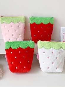1pc Cute Plush Strawberry Storage Pouch, High-Quality Student Desk Organizer Bag, Portable Bluetooth Earphone Case, Cosmetic Bag - Strawberry - View 1