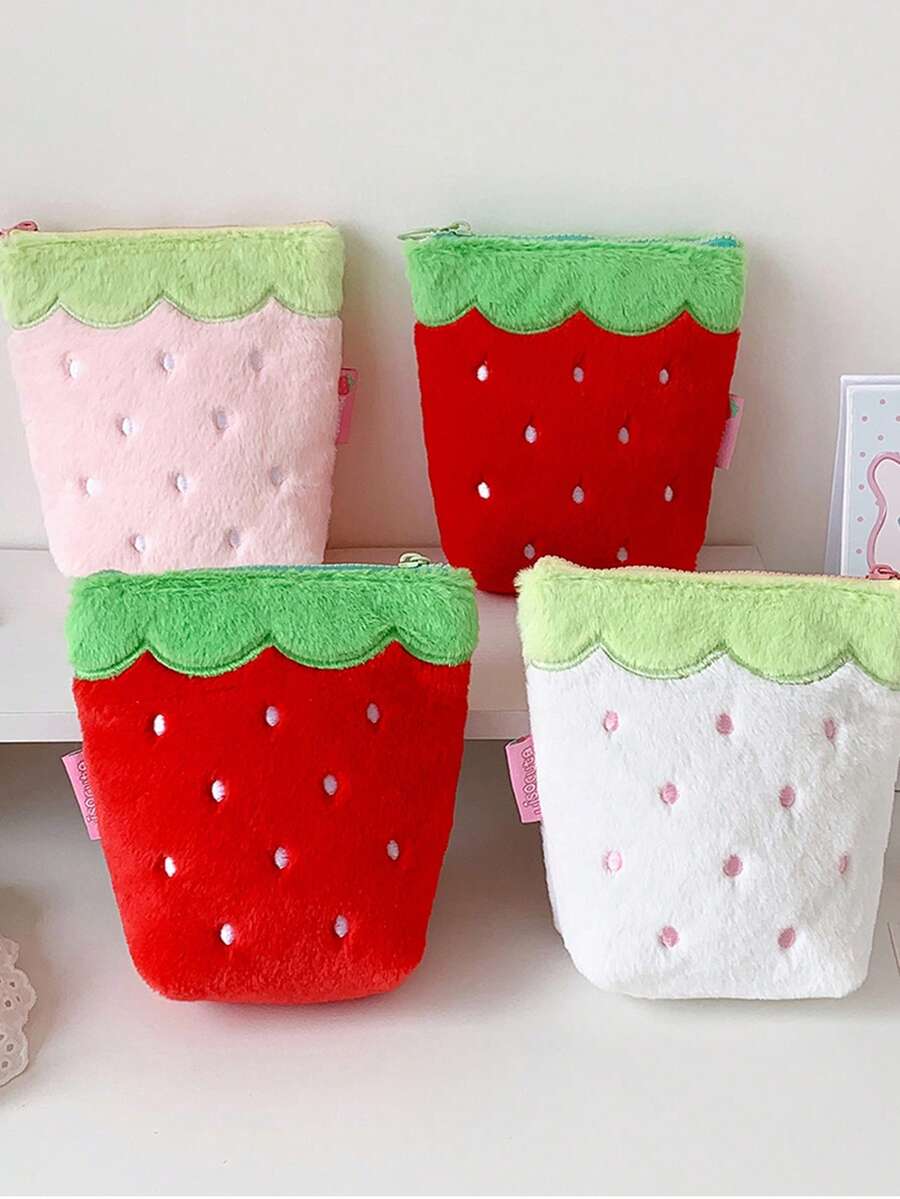 1pc Cute Plush Strawberry Storage Pouch, High-Quality Student Desk Organizer Bag, Portable Bluetooth Earphone Case, Cosmetic Bag - Strawberry - View 1