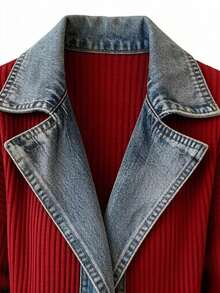 Women's Denim Lapel Patchwork Knit Cardigan Long Sleeve Open Front Sweater Coat Casual Streetwear Outfit - Đỏ - Xem 3