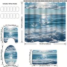 1/4 Packs Of UAXIEP Fresh Wave Bath Curtain. Fresh And Soothing, Simple And Elegant, Waterproof And Easy To Maintain. Includes A Waterproof Divider Multi-Functional Bath Curtain, 12 Hooks, A Non-Slip Bathroom Mat, U-Shaped Toilet Mat, Toilet Lid Mat, Bathroom Decorations, And Bathroom Dividers. Essential For Home Use. The Store Offers Various Styles To Choose From. - A - View 9