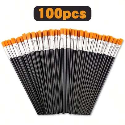 100pcs Nylon Brushes Set For Painting, Crafts & Art, Black Flat & Round Tip Brushes, Mixed Material With Rattail Handle, Ideal For Acrylic, Watercolor, Gypsum Dolls DIY,Suitable For Professional Artistic Use