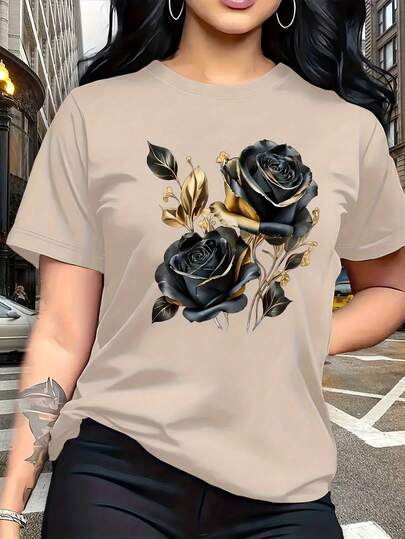 Luxurious Retro-Style Decorative Design With Black And Gold Rose Pattern Print, Fashionable And Breathable T-Shirt, Suitable For Family Trips, Campus Activities, Casual Sports, Daily Commuting, Matching Outfits For Sisters, Versatile T-Shirt 7270100% Cotton Summer Outfits For Women, Vacation Outfits For Women