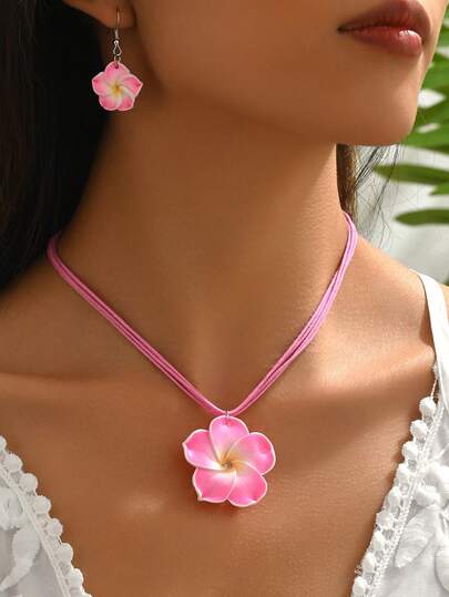 1 Set Bohemian Fashion Sexy Elegant Delicate Ceramic Flower Jewelry Set: 1 Pair Earrings + 1 Necklace, Suitable For Women's Daily Casual, Beach, Travel Wear
