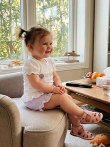 Toddler Baby Girl Summer Outfits Letter Crab Starfish Shell Embroidery Short Sleeve Tops Elastic Waist Shorts 2Pcs Clothes Set - 紫色 - 查看 4