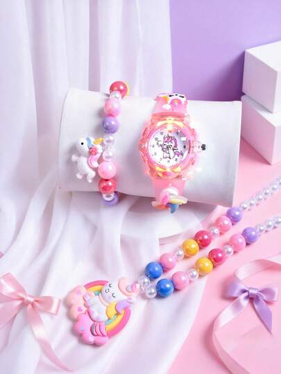 3pcs Girls' Gift Set: Rotating Windmill Silicone Strap Cartoon Unicorn Student Watch, Creative LED Glowing Quartz Wrist Watch, Princess Necklace Bracelet Jewelry Set