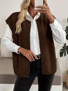 Women's Casual Loose Solid Color Fuzzy Sleeveless Cardigan Knit Sweater, Autumn/Winter - Chocolate Brown - View 2