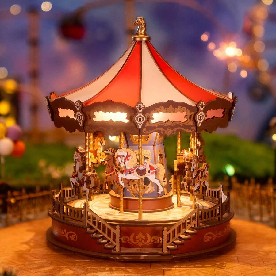 Robotime Rolife Carousel Theme 3D Wooden Music Box - DIY Model Assembly Kit With Music And LED Lights, 265 Pieces, Adult & Teen Home Decor Craft Kit, Christmas Gift