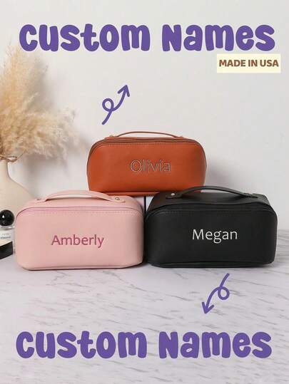 Custom Name Makeup Bag, Leather Embroidered Makeup Bag, Large Capacity Cosmetic Bag, Bridesmaid Gifts, Bridal Party Gifts, Makeup Organizer, Bridal Shower Gift, Monogrammed Toiletry Bag, Embroidered Make Up Bag Letter Versatile, Large Capacity, Functional, Foldable, Practical, All-Purpose Contracted, Minimalist, Kawaii, Vacay Vibes/Vacation, Leisure, Basics Hot Pink