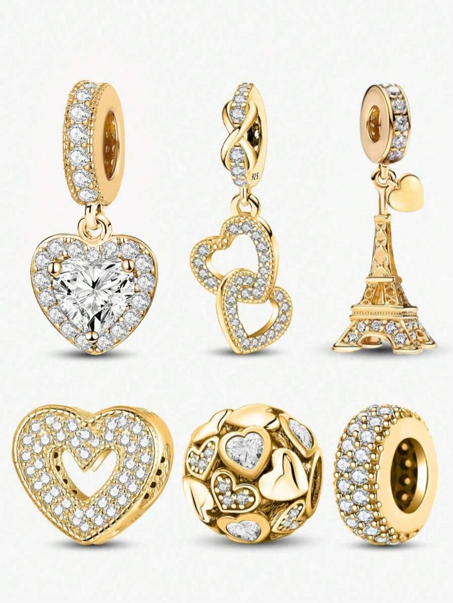 1pc Fashionable Heart & Eiffel Tower Beaded Pendant, Suitable For Women Bracelet, Bangle DIY Jewelry Making And Daily Outfit Matching - Gold - View 1