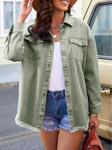 Women's Solid Color Denim Ripped Long Sleeve Denim Jacket, Spring/Autumn Casual - Green - View 4