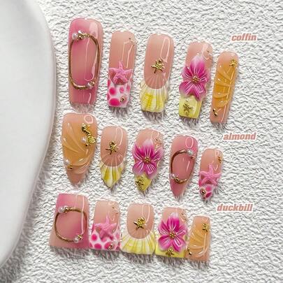 10Pcs Sweet Ocean Style Handmade Nail Art Set,Polygel Nail Set,Seahorses, Starfish Nail Art Accessories,Hand Pinched Five Petal Flower Nail Art Decorations,Yellow And Pink Nail Polish,Fresh French Style,Comes With Nail Tools(1 Sheets Jelly Stickers+1PC Nail File)3 Sizes Available,Almond Nails, Duck Nails,Coffin Nails,Suitable For Reunion,Daily,Party,Photograph,Play,Spring Summer,Commute Supplies Nails