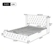 Pillow-Shaped Upholstered Bed, Double Row Of Velvet Rivets, Buttonhole Stitching, 140*190 Double Bed With Hydraulic Function, Waterproof Non-Woven Bed Frame In Black And Beige - Beige - View 2