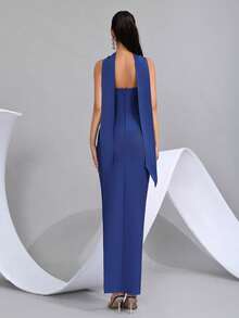 Elegant Pearl Decor Side Slit Strapless Bridesmaid Dress, Holiday Party Bandage Dress - Royal Blue - View 9