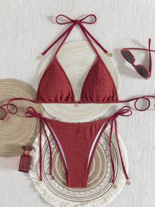 Premium European Halter Bikini With Striped Wavy Split Design, Stylish Color-Block Swimwear Summer - Big Red - View 1