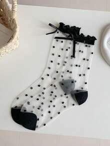 1双夏季韩版波点薄纱袜，透明甜美薄款蝴蝶结玻璃丝袜，凉鞋袜，少女风 - 彩色 - 查看 9