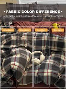 4 件套 Maillard 羽绒被套套装，砖红色和黑色格子，双层雪纺，涤纶，（1 个羽绒被套 + 1 个床单 + 2 个枕套），适合秋冬季，卧室装饰，节日礼物，不包括枕芯，枕套图案随机裁剪 - 黑紅 - 查看 7