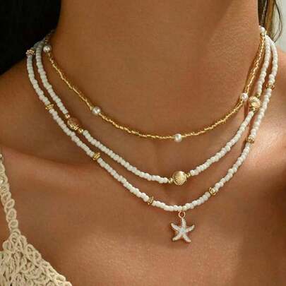 1件新款女士波西米亚风项链 夏季多功能海洋风多层项链 锁骨链 派对海滩度假风女士首饰 母亲节礼物