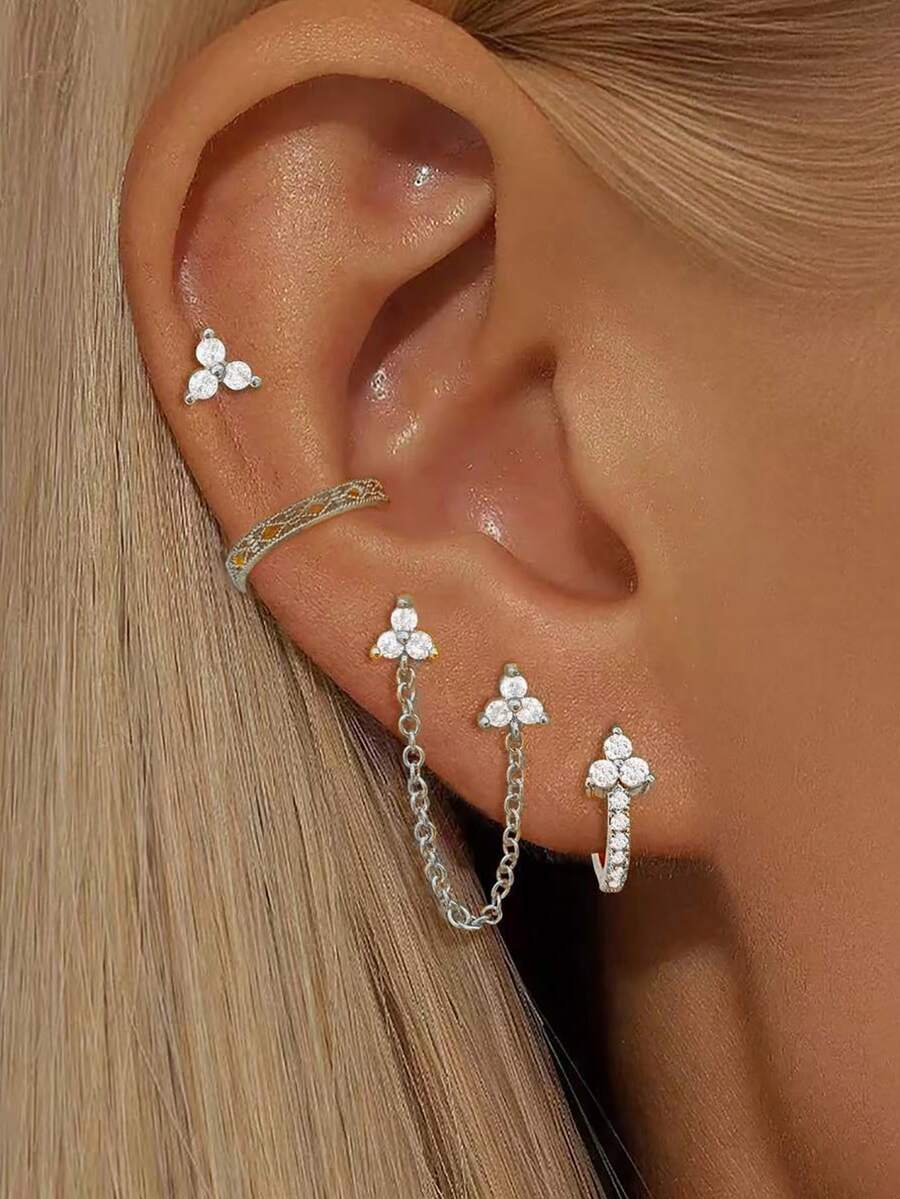 4PCS Zirconia Three-Petal Flower Ear Stud Set Chain Earring Cartilage Piercing Studs Women's Jewelr Gifts - 1-silver-4PCS - View 1