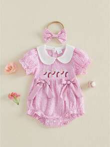 Mono de bebé niña a cuadros, bordado estilo béisbol, cuello de muñeca, manga corta, body para bebé con diadema. - Rosa - Ver 1