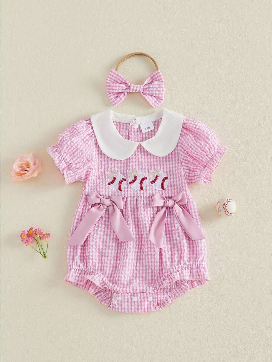 Mono de bebé niña a cuadros, bordado estilo béisbol, cuello de muñeca, manga corta, body para bebé con diadema. - Rosa - Ver 1