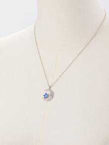 1pc Minimalist Ins Style Delicate Luxury Rhinestone Star & Moon Pendant Necklace, Suitable For Women's Daily Wear, Party, Elegant & Versatile - Blue - View 5