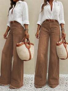 New Women's High-Quality Fashion Casual Loose Fit Denim Wide Leg Pants, Comfortable Fit, Suitable For All Seasons, Daily Stylish Outfit Spring - Brown - View 2