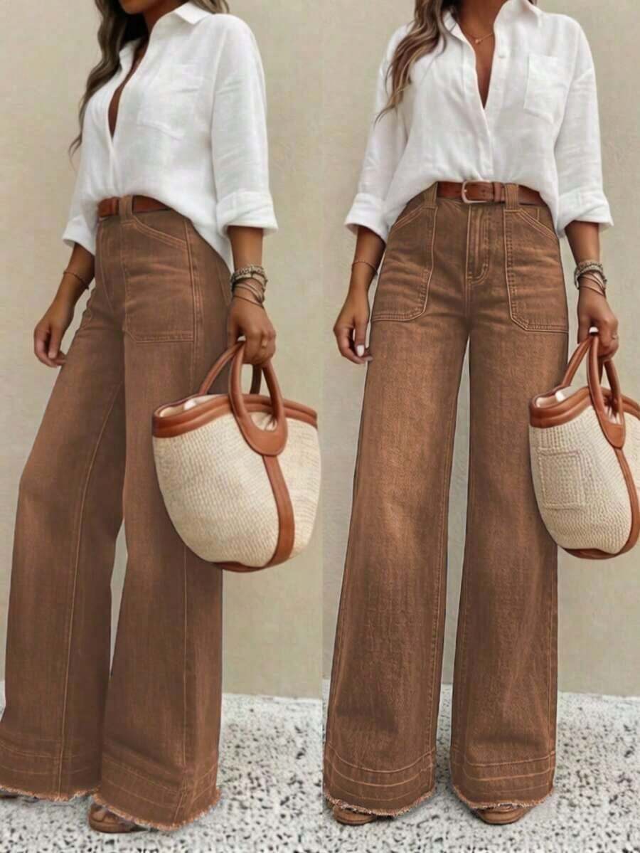 Nuevos pantalones vaqueros de pierna ancha de ajuste holgado y de alta calidad para mujer, cómodos para uso diario, para todas las estaciones, primavera - Marrón - Ver 1