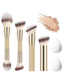4pcs Double-Ended Makeup Brush Set, Powder Blush Contour Eye Shadow Brush, Multi-Purpose Makeup Brushes + 2pcs Makeup Sponges, Cosmetic Tools - Multicolor - View 12