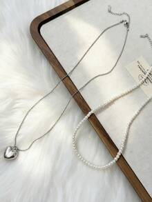 Kalung Hati dan Mutiara Bertekstur Elegan Gaya Korea, Serbaguna untuk Dipakai Berlapis untuk Wanita, Musim Gugur/Dingin - Perak - View 8