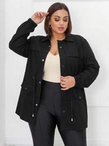 Plus Size Winter Overcoat In Bengaline Fabric With Drawstring, Zipper, And Button Closure. This Winter Parka Coat/Blouse Is Perfect For Sizes G1, G2, And G3. - màu đen - Xem 1