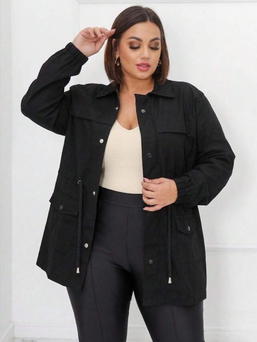 Plus Size Winter Overcoat In Bengaline Fabric With Drawstring, Zipper, And Button Closure. This Winter Parka Coat/Blouse Is Perfect For Sizes G1, G2, And G3. - màu đen - Xem 1